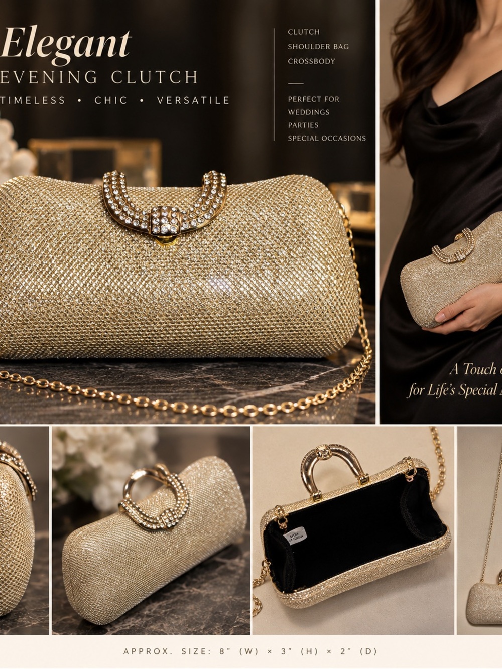 Gold Rhinestone Evening Clutch Convertible Shoulder Bag